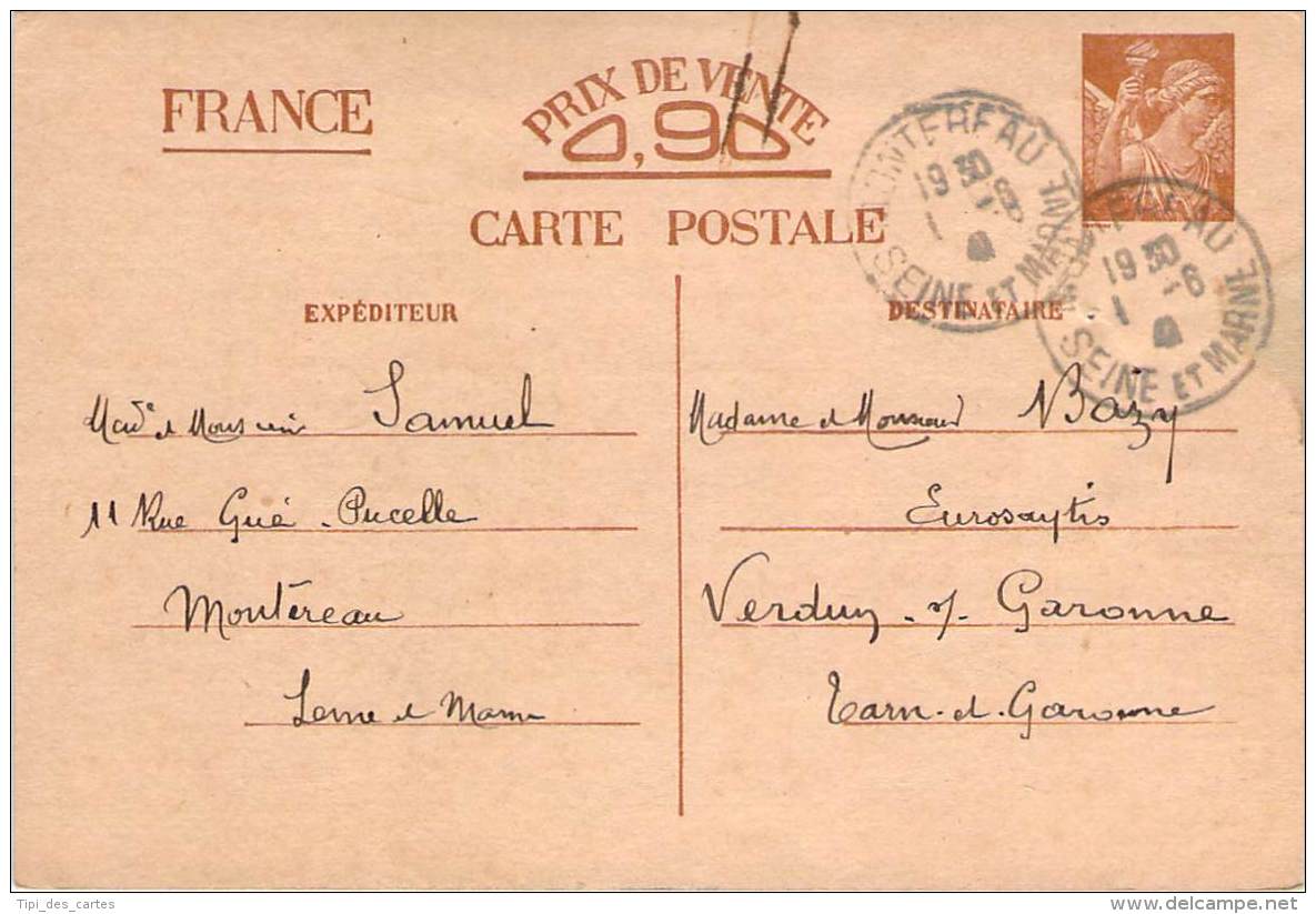 Entier Postal - Iris Oblit Cad Montereau 1941 - 1939-44 Iris