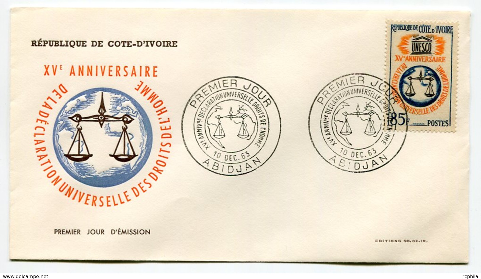 RC 9542 COTE D'IVOIRE 1963 DECLARATION DES DROITS DE L'HOMME FDC 1er JOUR TB - Côte D'Ivoire (1960-...)