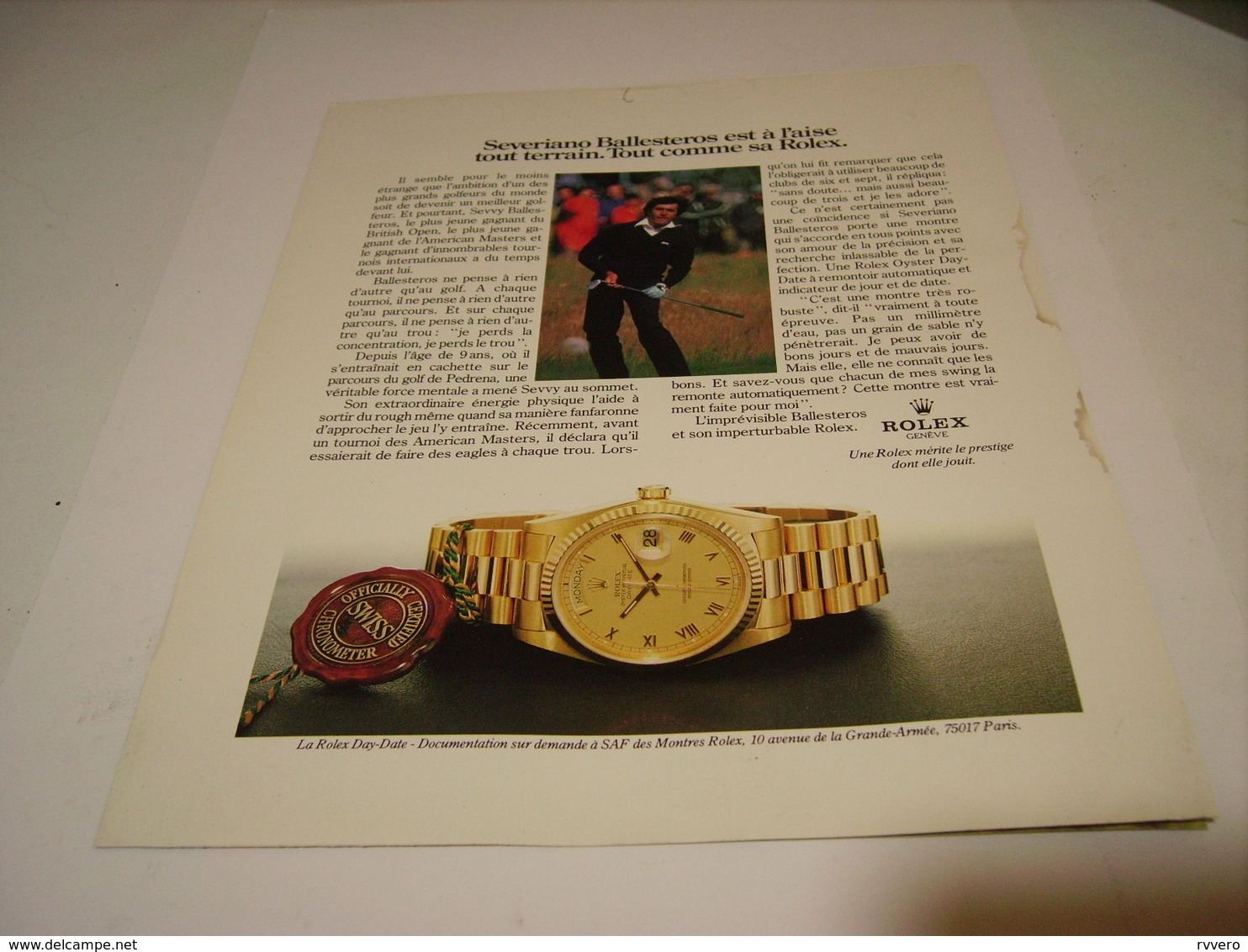 PUBLICITE AFFICHE MONTRE ROLEX AVEC SEVERIANO BALLESTEROS 1982 - Autres & Non Classés