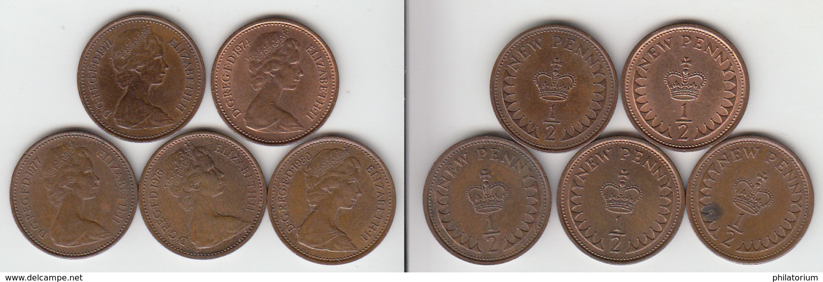 Grande Bretagne ½ Penny 1971 + 1974 + 1976 + 1977 + 1980 - 1/2 Penny & 1/2 New Penny