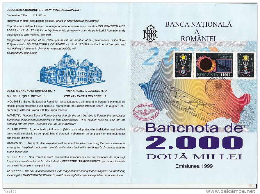 PRESENTATION OF THE 2000 LEI BANKNOTE, TOTAL SOLAR ECLIPSE BOOKLET, NATIONAL BANK HEADER COVER, 1999, ROMANIA - Cuadernillos