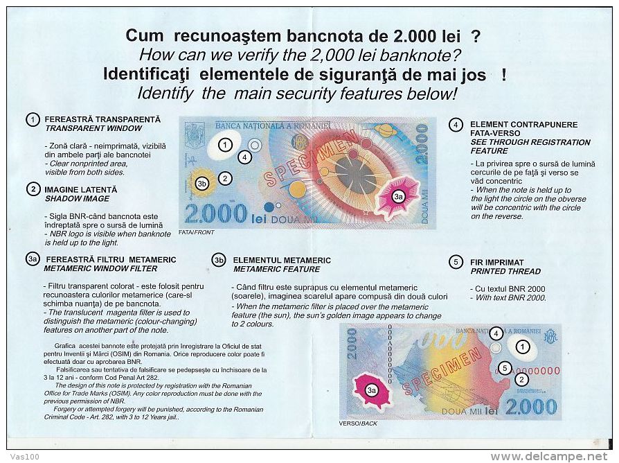 PRESENTATION OF THE 2000 LEI BANKNOTE, TOTAL SOLAR ECLIPSE BOOKLET, NATIONAL BANK HEADER COVER, 1999, ROMANIA - Cuadernillos