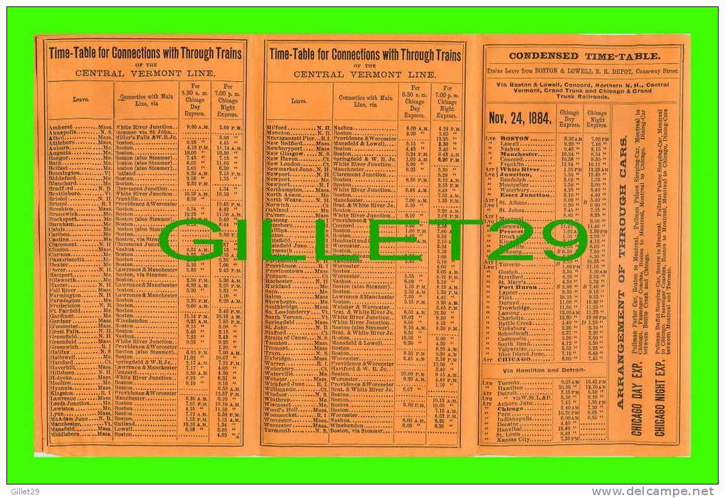 TIMETABLES- SCHEDULES - CENTRAL VERMONT AND GRAND TRUNK LINE, 1 DEC 1884 - INCLUDE MAP OF CENTRAL VERMONT - - Monde