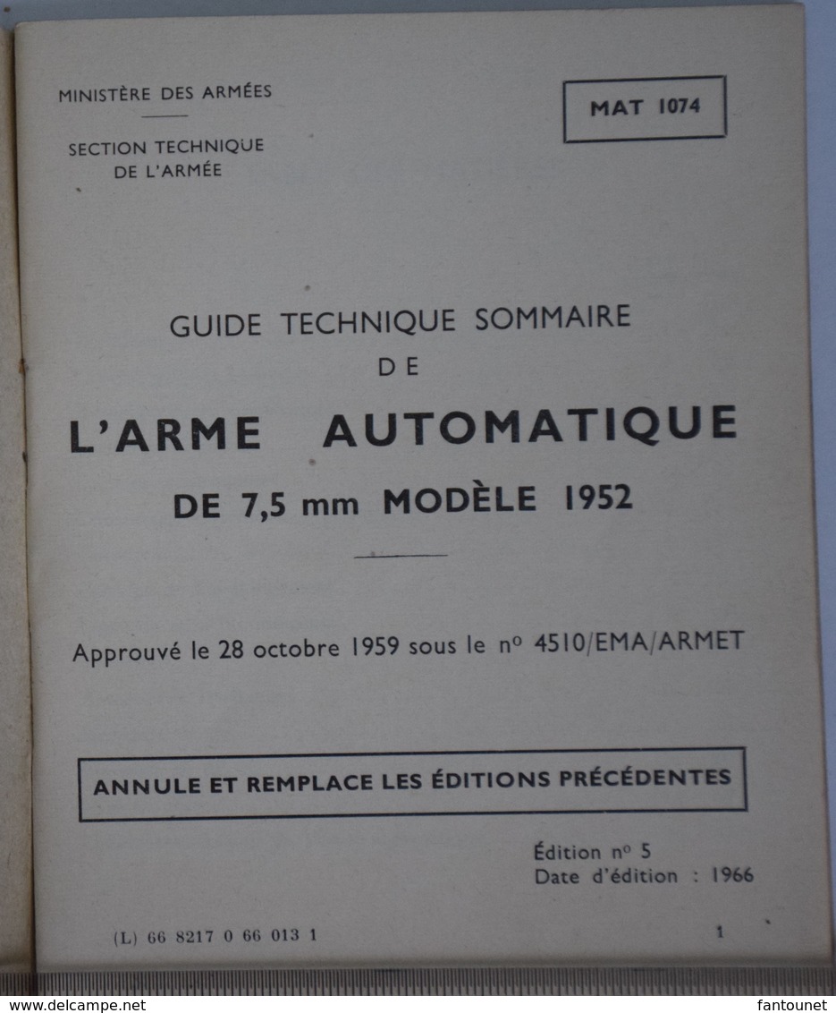 Arme Automatique 7,5mm 1952 - AA52 - Guide Technique Sommaire MAT1038 - Documents