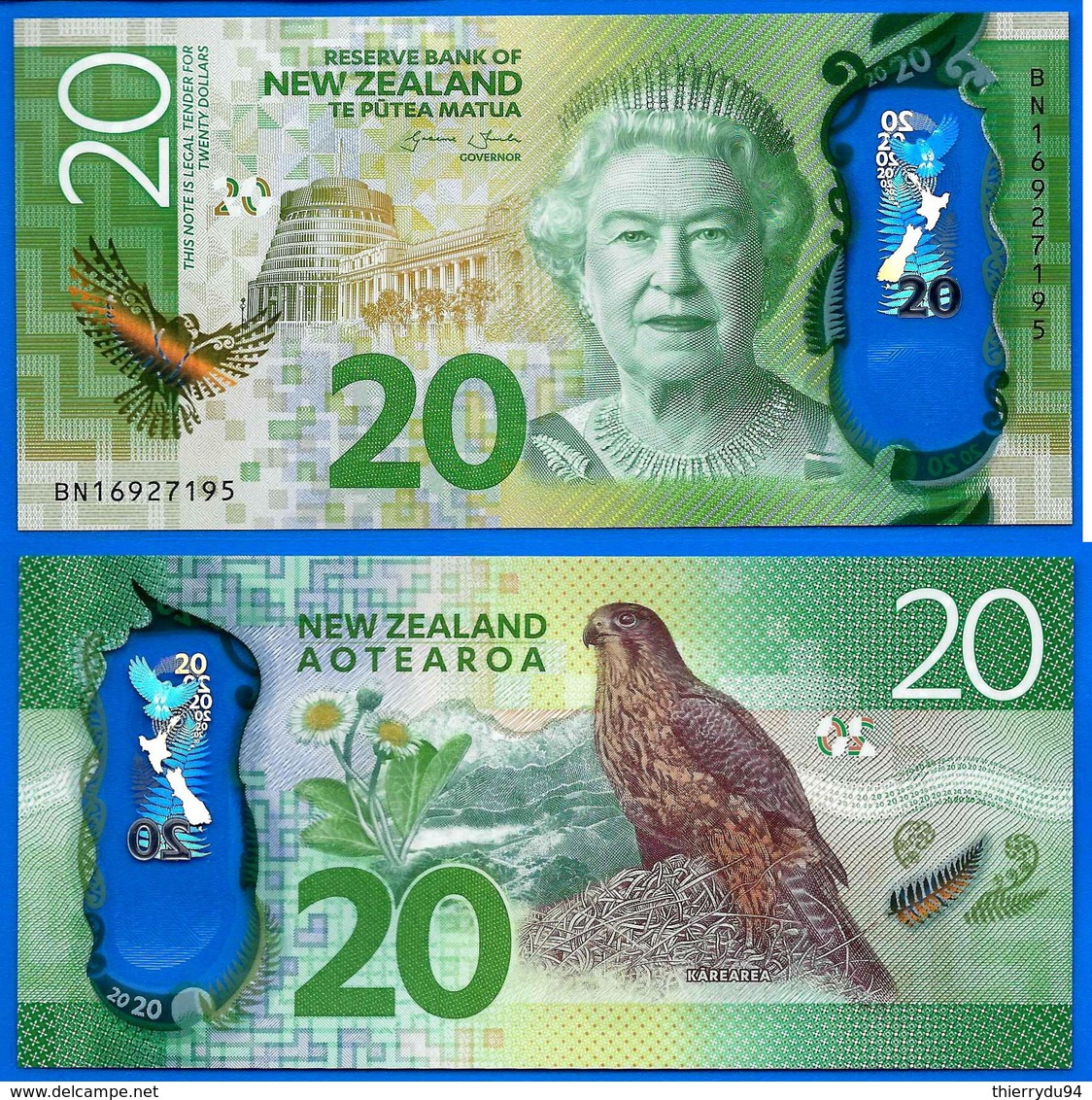 Nouvelle Zelande 20 Dollars 2016 NEUF UNC Polymere Aigle Oiseau Reine New Zealand Prefix BN Polymer - Nouvelle-Zélande