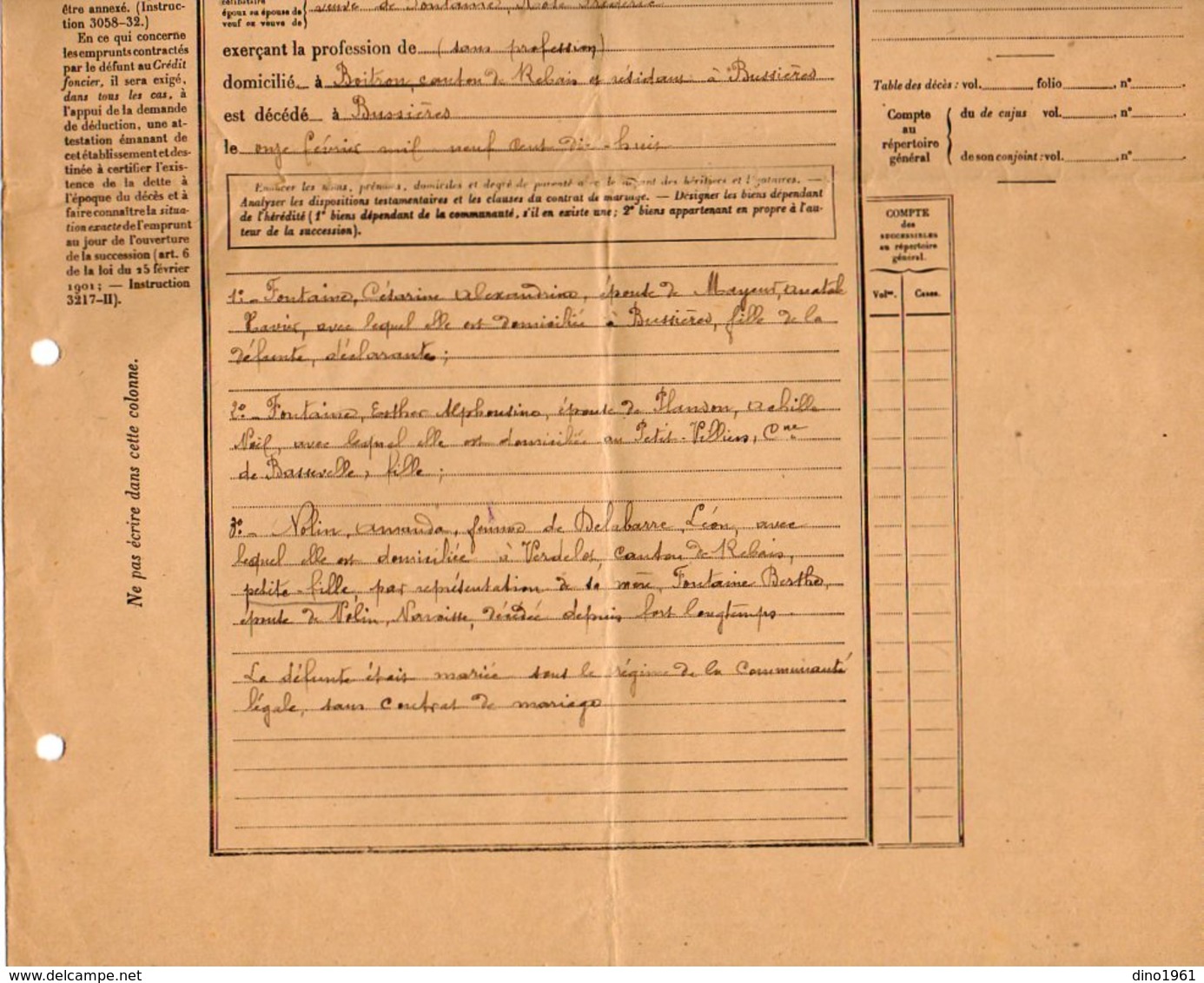 VP12.550 - BUSSIERES 1918 - Document Concernant La Succession De Mme Veuve FONTAINE Née HULCOT - Collections