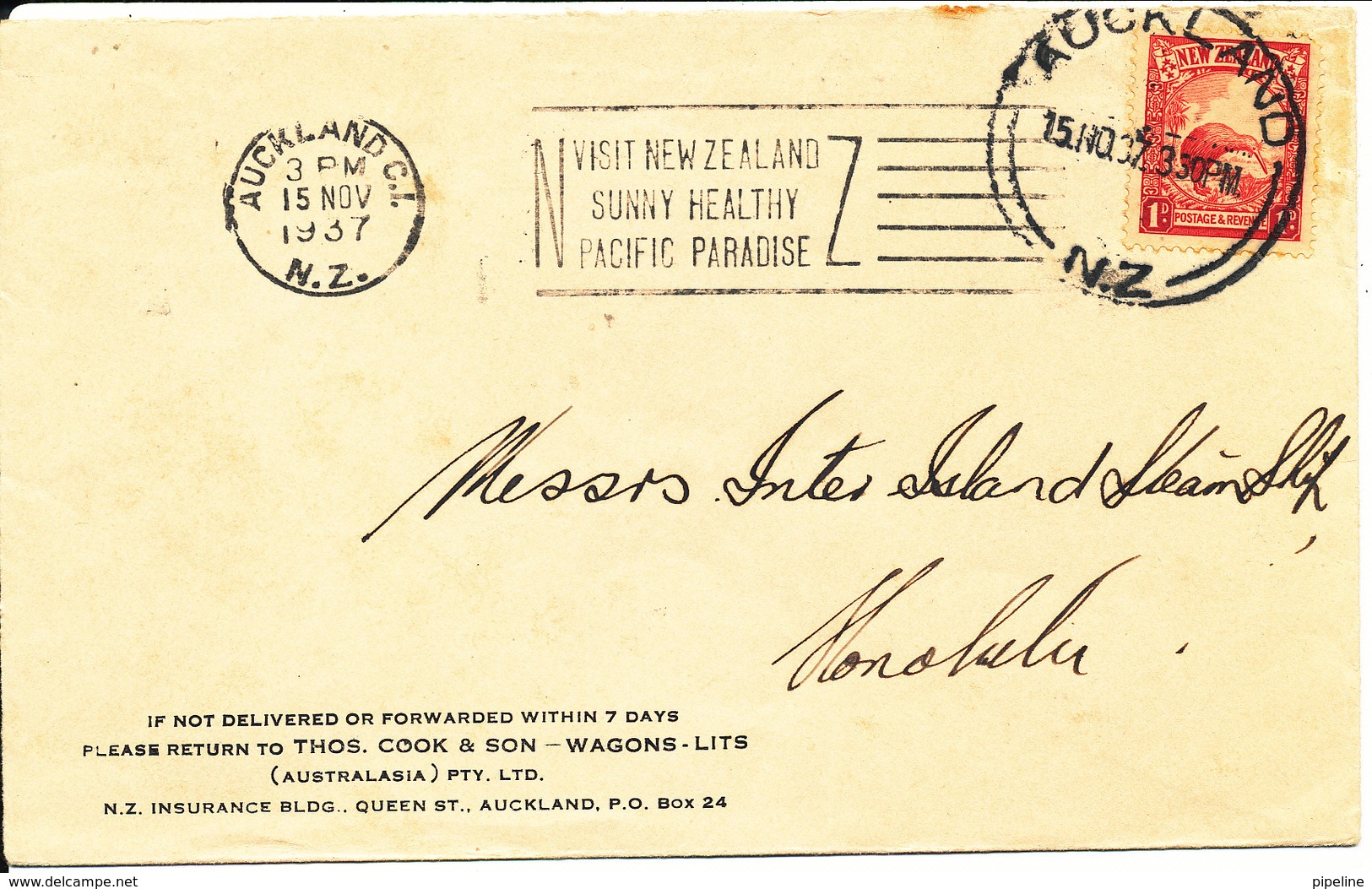 New Zealand Cover Sent To USA Auckland 15-11-1937 Single Franked - Covers & Documents