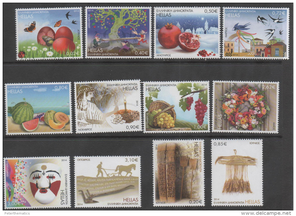 GREECE, 2014, MNH,FOLKLORE, DEFINITIVES, 12v, BUTTERFLIES, FRUIT,MASKS, - Other & Unclassified