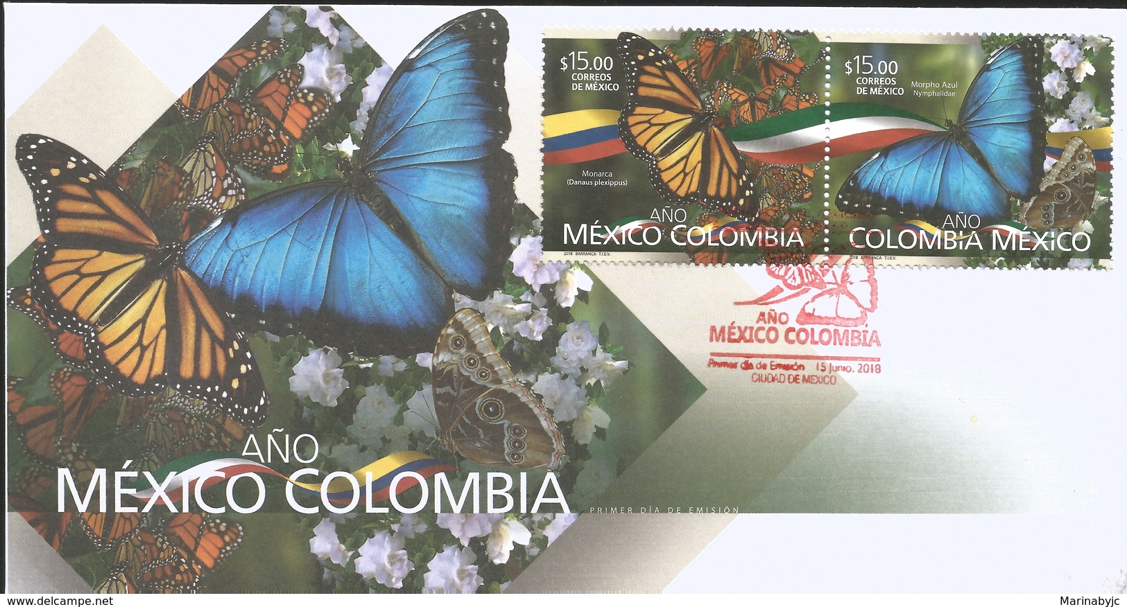 M) 2018, MEXICO, COLOMBIA - MEXICO YEAR, MONARCH BUTTERFLY, AND BLUE BUTTERFLY, FDC - Messico