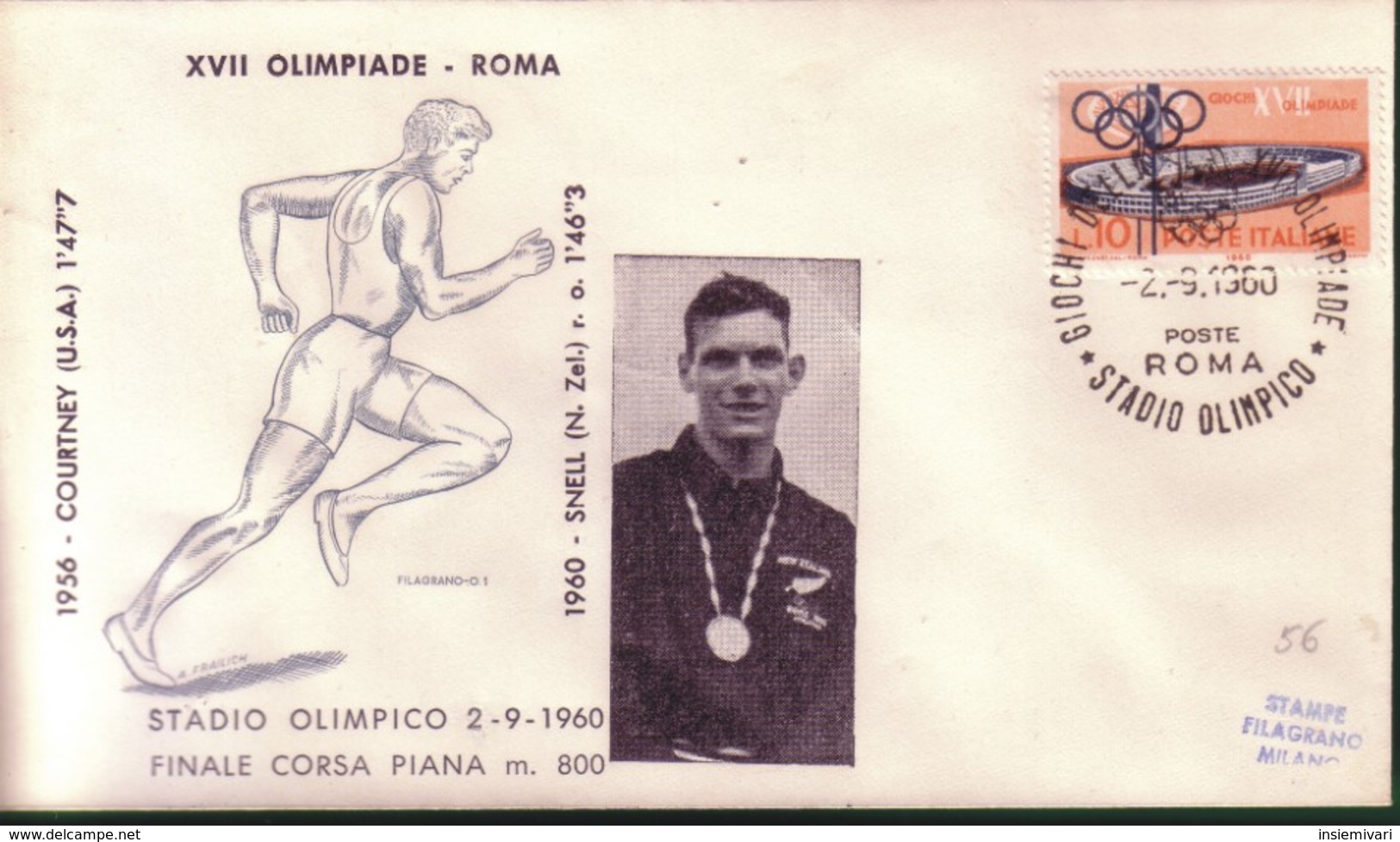 FDC FILAGRANO OLIMPIADI ROMA 1960 I VINCITORI:ATLETICA LEGGERA  M.800  SNELL. - Non Classificati