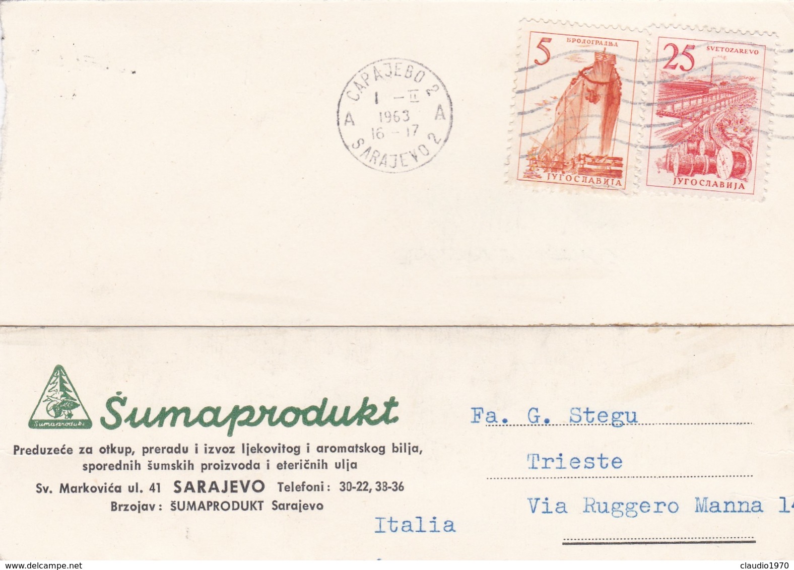 CARTOLINA POSTALE - JUGOSLAVIA - DITTA SUMAPRODURT -  DESTINAZIONE TRIESTE ( ITALIA ) 1963 - Storia Postale