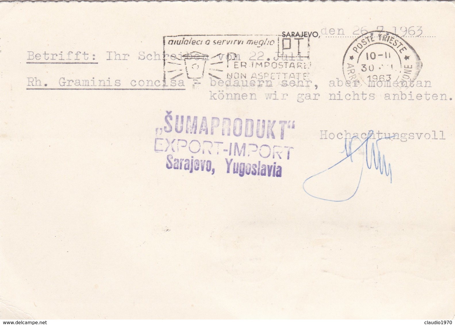 CARTOLINA POSTALE - JUGOSLAVIA - DITTA SUMAPRODURT -  DESTINAZIONE TRIESTE ( ITALIA ) 1963 - Storia Postale