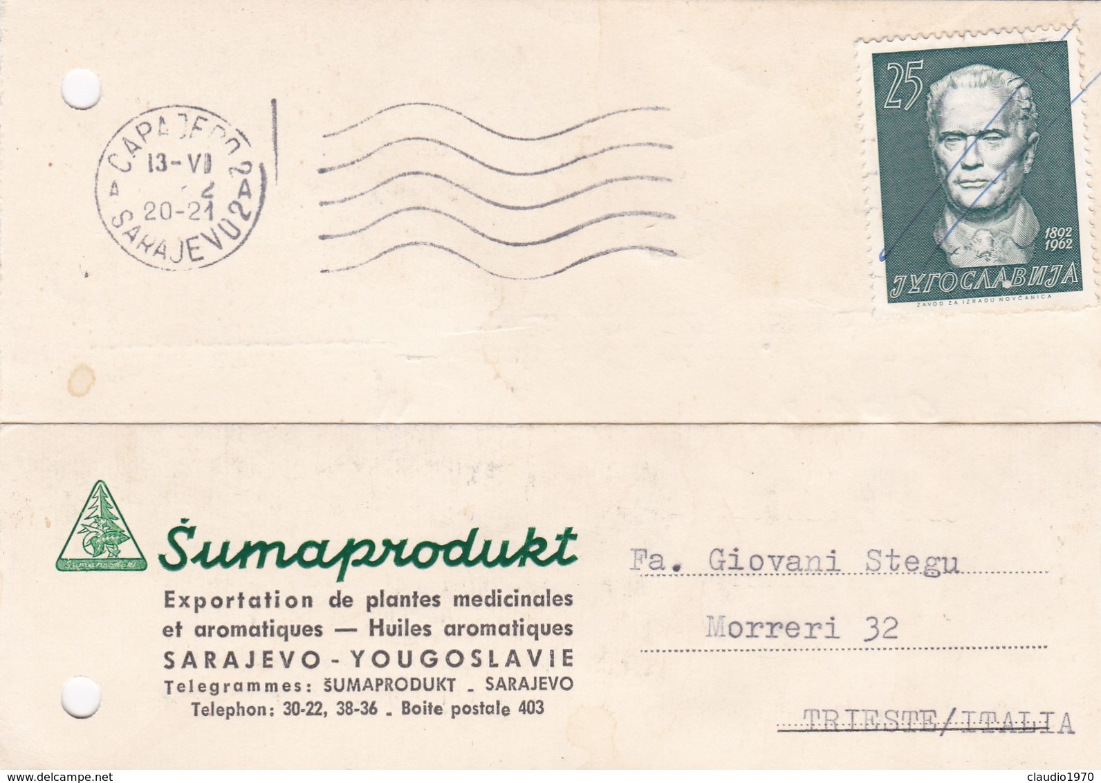 CARTOLINA POSTALE - JUGOSLAVIA - DITTA SUMAPRODURT -  DESTINAZIONE TRIESTE ( ITALIA ) 1962 - Storia Postale