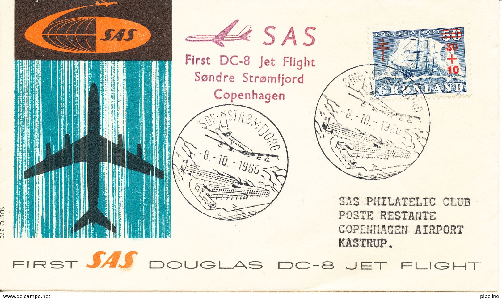 Greenland First Flight Cover SAS DC-8 Jet Flight Sdr. Strömfjord - Copenhagen 8-10-1960 - Covers & Documents