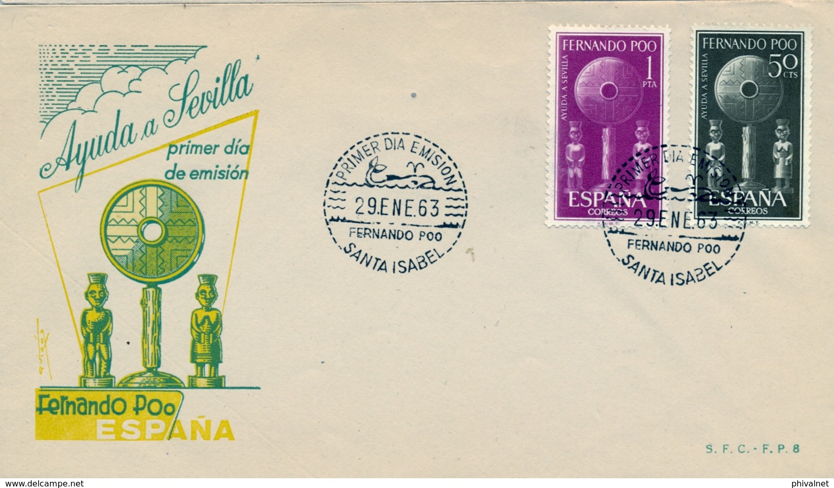 1963 , FERNANDO POO , SOBRE DE PRIMER DIA , ED 213 / 214 , AYUDA A SEVILLA - Fernando Po