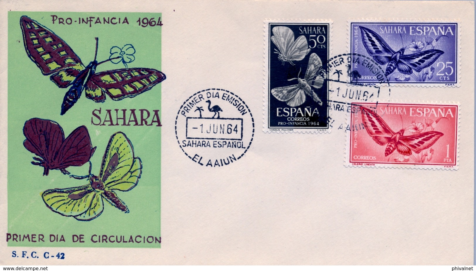 1964 , SAHARA ESPAÑOL , SOBRE DE PRIMER DIA , ED  225 / 227 , PRO INFANCIA , MARIPOSAS - Sahara Español