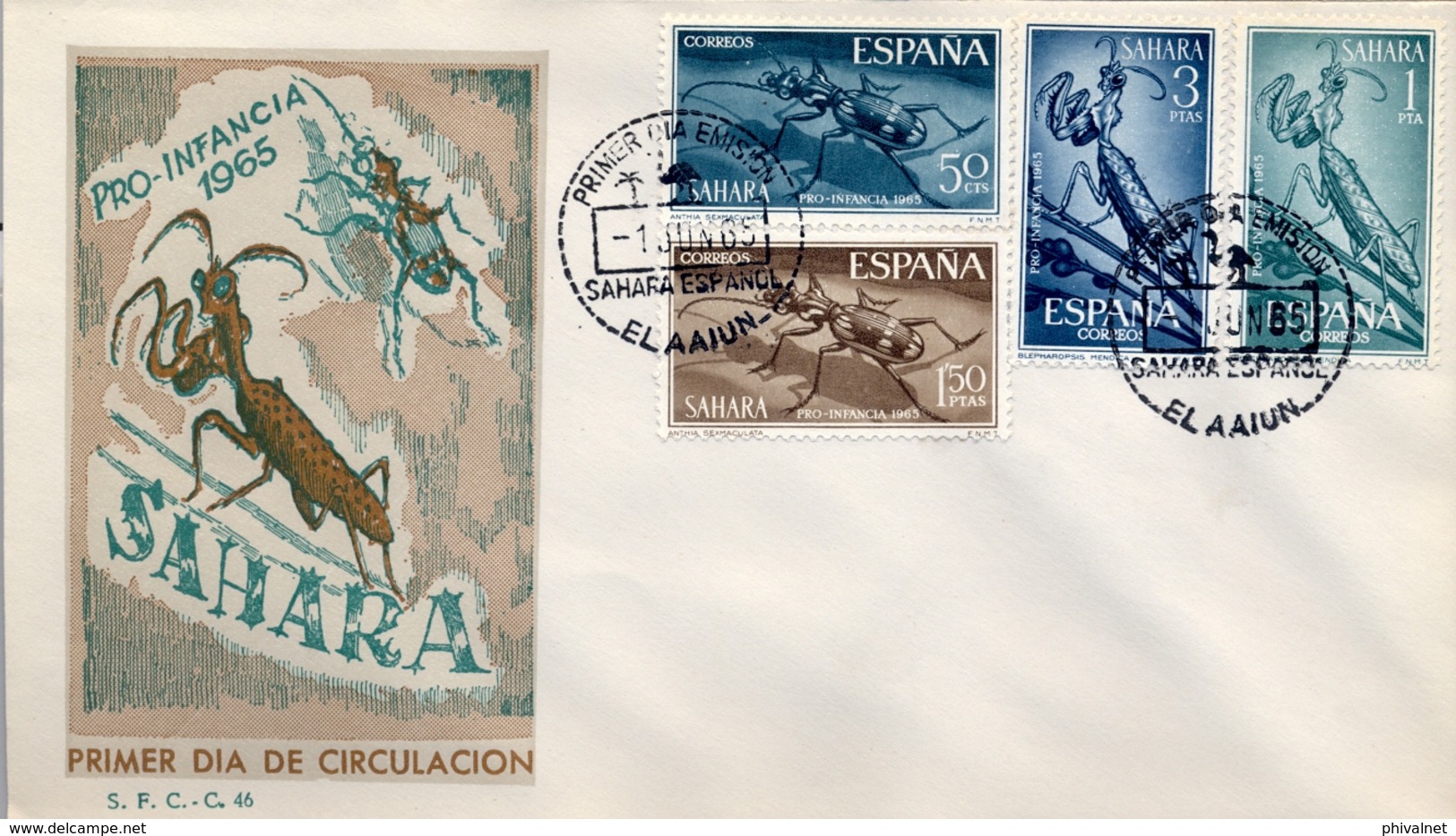 1965  , SAHARA ESPAÑOL , SOBRE DE PRIMER DIA , ED  242 / 245 , PRO INFANCIA , INSECTOS - Spanische Sahara
