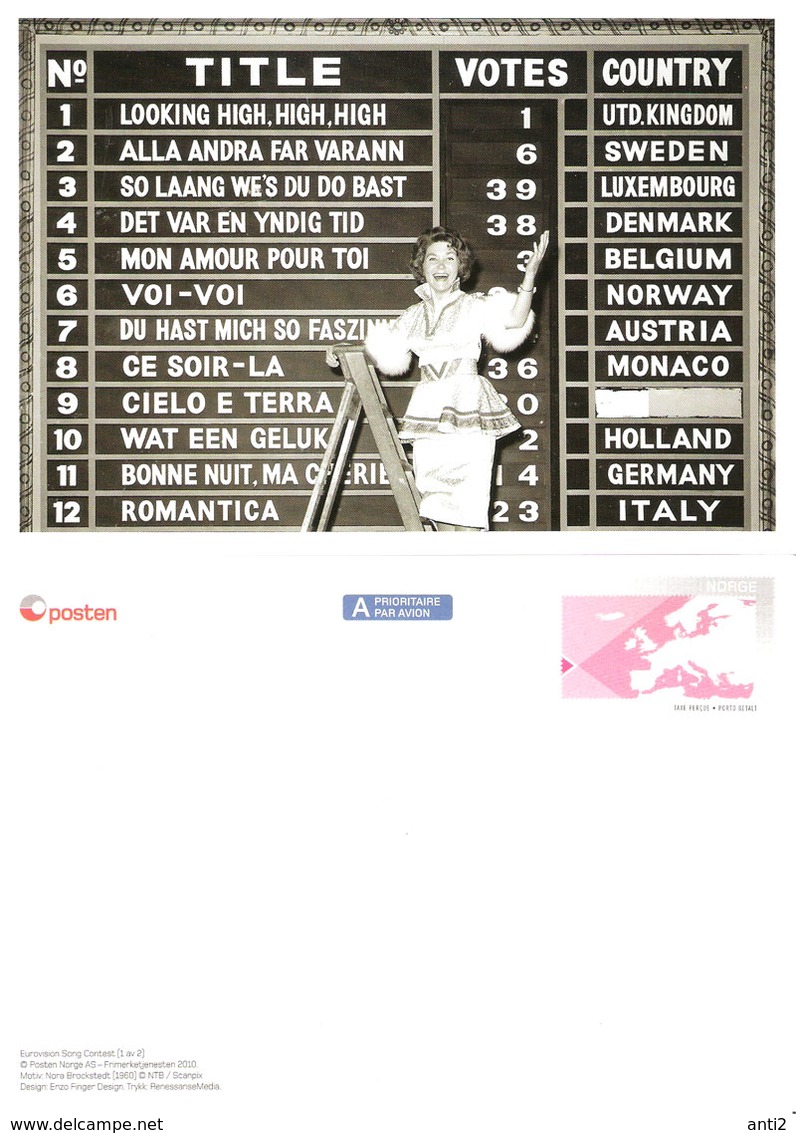 Norway 2010 European Song Contest, Mi Postcard With List Over Winners, With Imprinted Stamp - Lettres & Documents