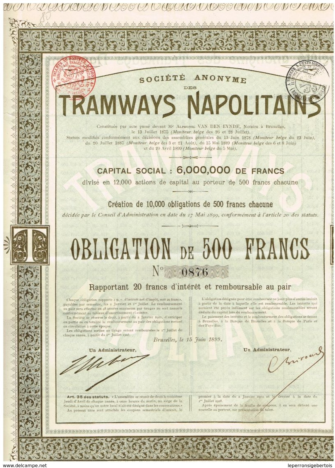 Obligation Ancienne - Sté Anonyme Des Tramways Napolitains - Titre De 1901 - - Chemin De Fer & Tramway