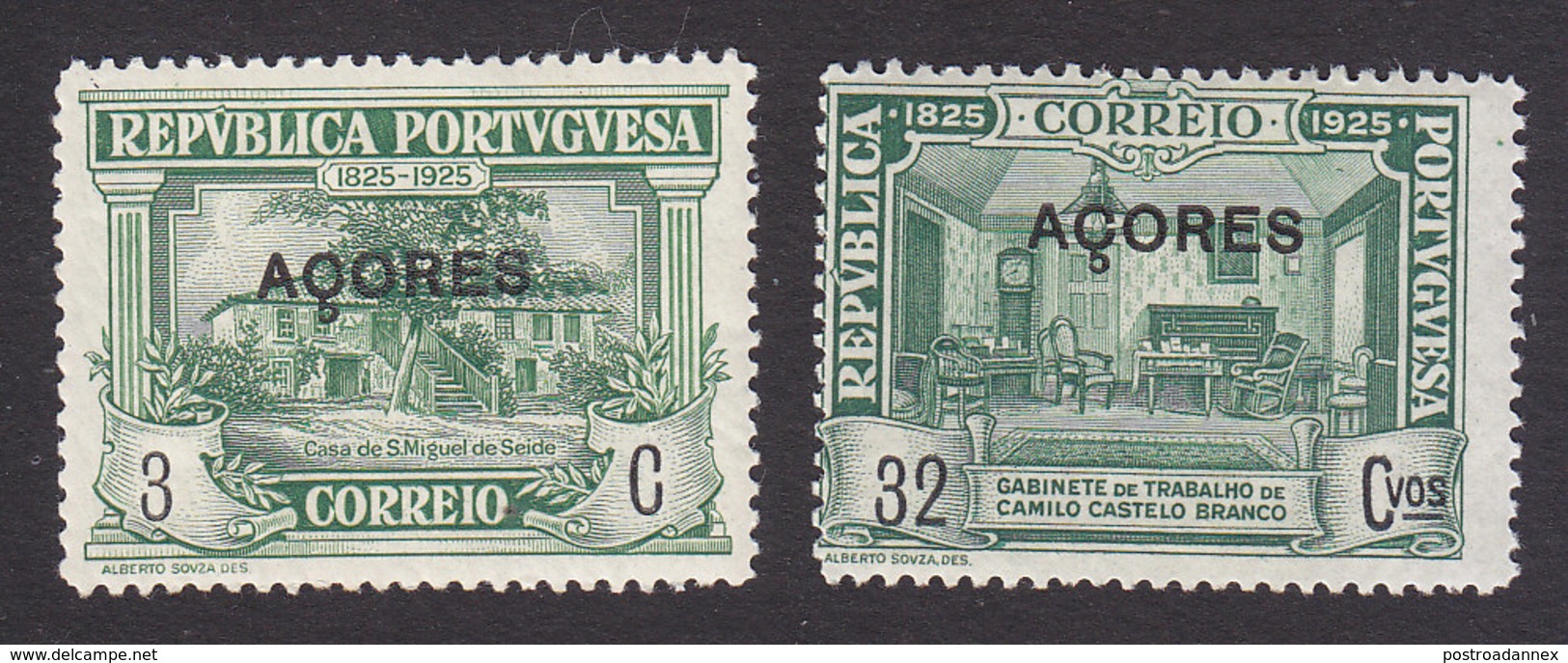 Azores, Scott #239, 245, Mint Hinged, Castello-Branco's House, Study Overprinted, Issued 1925 - Açores