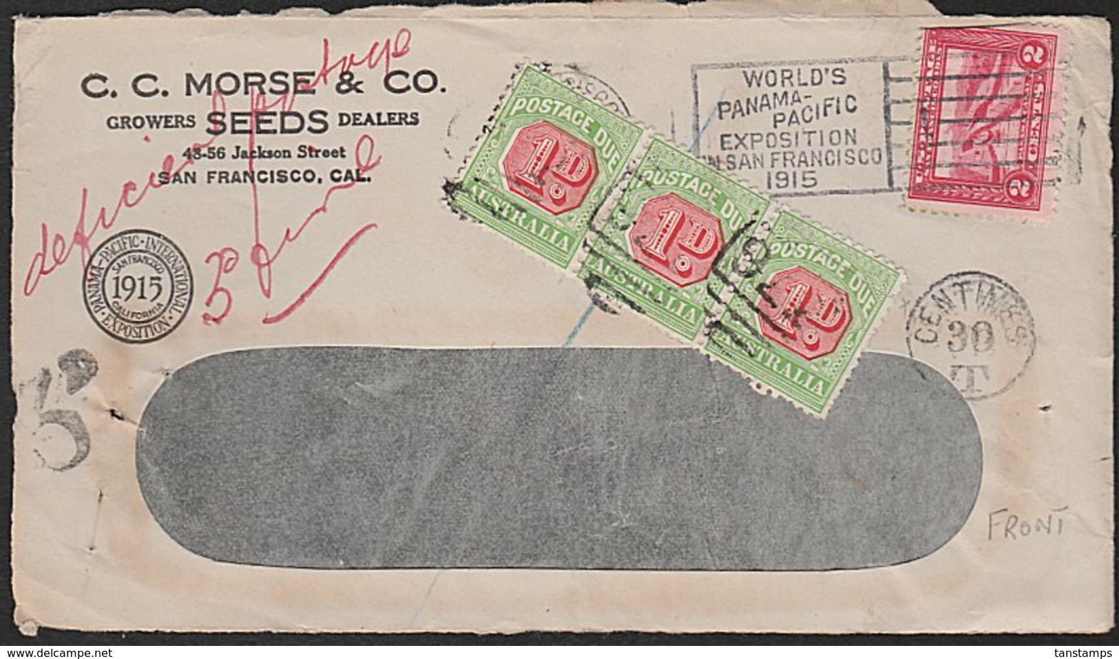 US - AUSTRALIA 3D DUE 1915 SEED ADVERTISING COVER FRONT - Port Dû (Taxe)