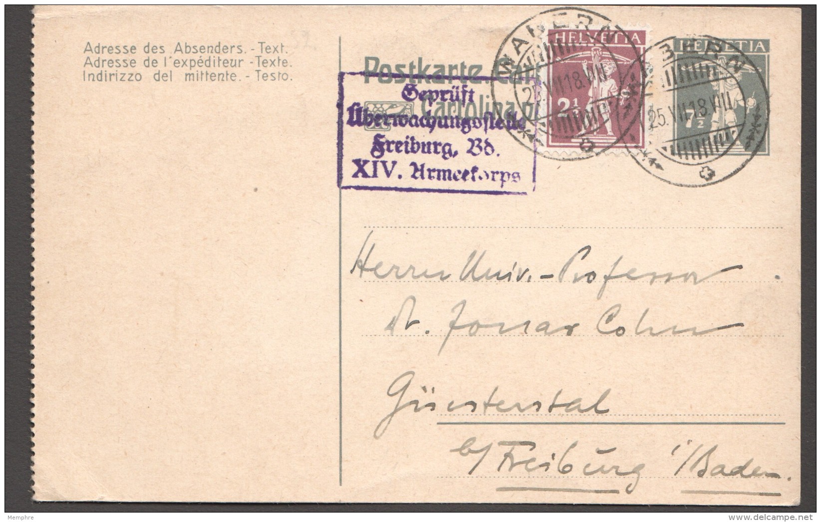 Carte Postale Pour L'Allemagne 1918  Censure Allemande - Stamped Stationery