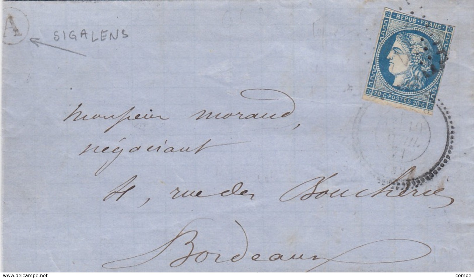 LETTRE. 10 AVRIL 71. GIRONDE AILLAS. PERLÉ T24 GC 27 (320€).  BOITE RURALE A  =  SIGALENS   / 1 - 1849-1876: Klassik