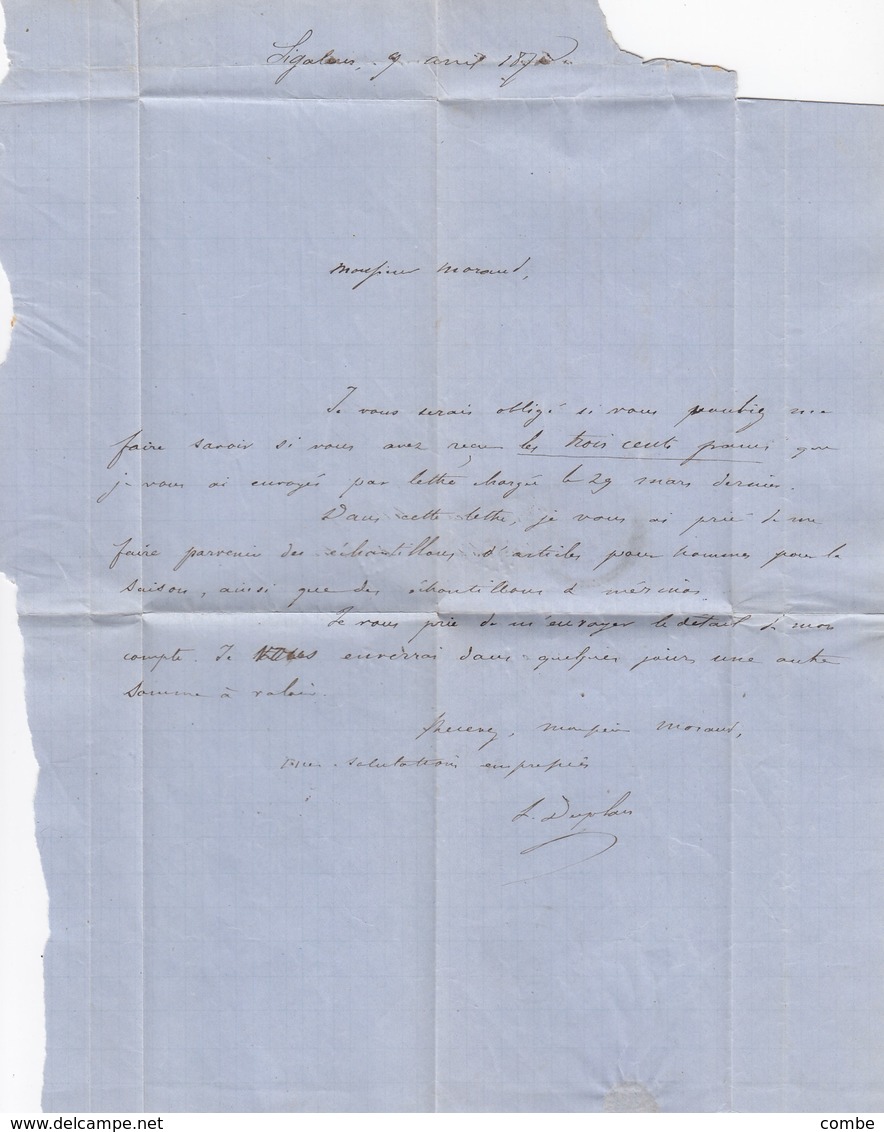 LETTRE. 10 AVRIL 71. GIRONDE AILLAS. PERLÉ T24 GC 27 (320€).  BOITE RURALE A  =  SIGALENS   / 1 - 1849-1876: Klassik