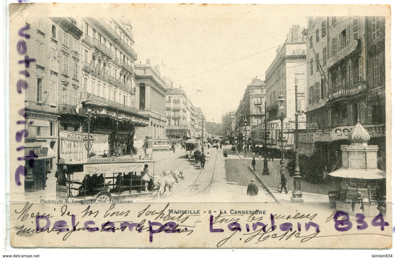 - 8 - Marseille - La Canebiére - Animation, Tramway Avec Chevaux, épaisse, écrite, 1906, Scans.. - Canebière, Centro