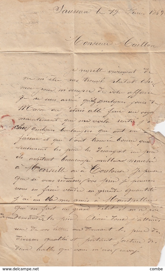 LETTRE.  19 FEVR 69. HERAULT MONTPELLIER. GC 2502.  BOITE RURALE  C  =  SAUSSON  /  3 - 1849-1876: Klassik