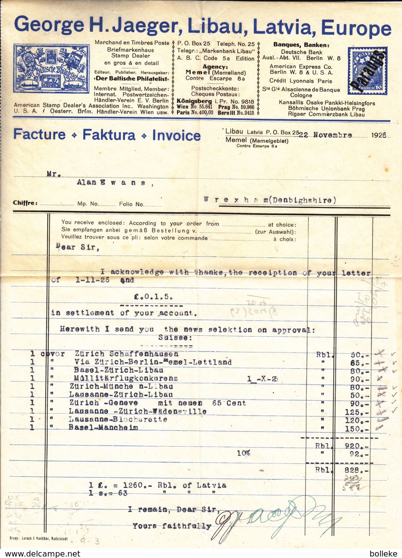 Lettonie - Document De 1926 - Facture D'un Négociant De Timbres à Libau - Lettland