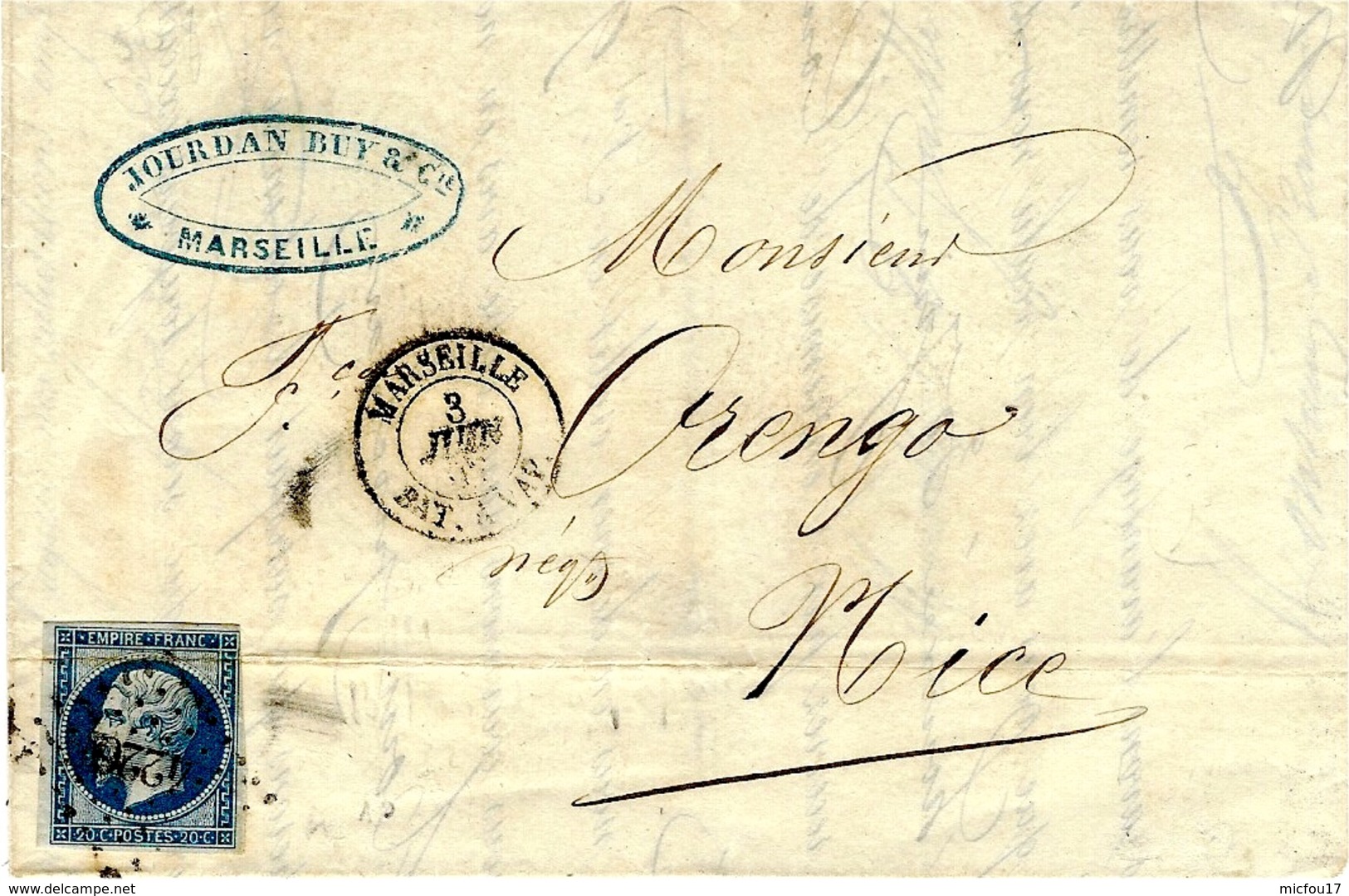 1862-RARE  Lettre De MARSEILLE / BAT. A VAPEUR  Pour Nice Affr. N°14 Oblit. P C 4226 - 1849-1876: Période Classique