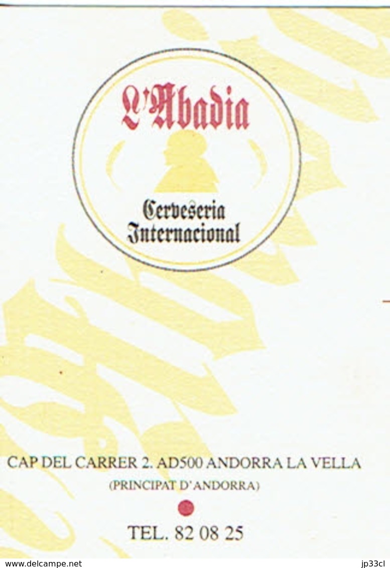 Carte De Visite De La Cerveseria L'Abadia, Andorre La Vieille (Andorra La Vella) Vers 2015 - Visitekaartjes