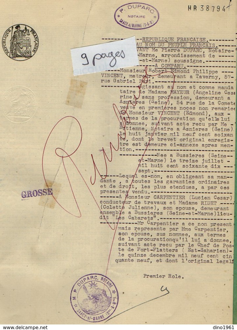 VP12.556 - SAACY SUR MARNE - Acte De 1960 - Entre La Veuve VINCENT & Mr CARPENTIER Vente D'une Maison Située à BUSSIERES - Collections