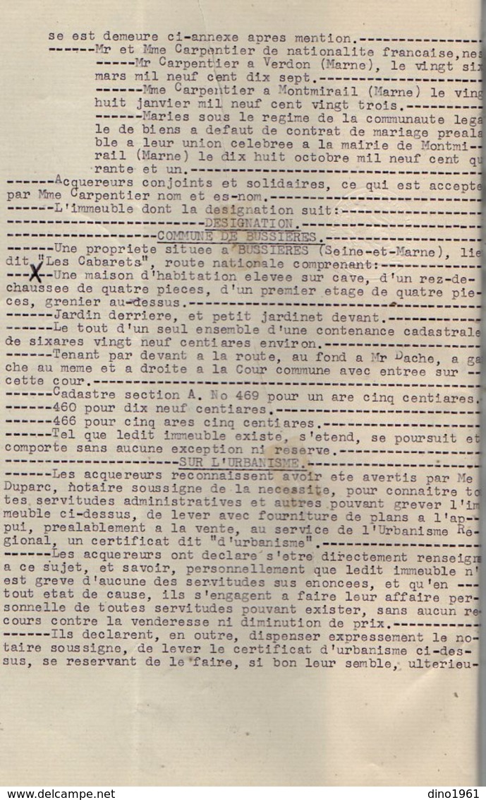 VP12.556 - SAACY SUR MARNE - Acte De 1960 - Entre La Veuve VINCENT & Mr CARPENTIER Vente D'une Maison Située à BUSSIERES - Collections