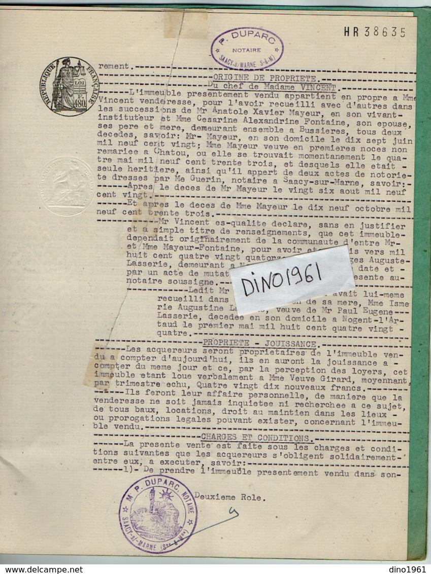 VP12.556 - SAACY SUR MARNE - Acte De 1960 - Entre La Veuve VINCENT & Mr CARPENTIER Vente D'une Maison Située à BUSSIERES - Collections