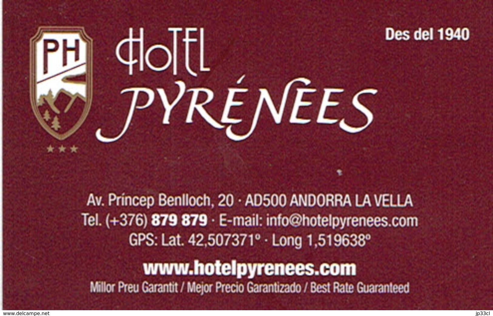 Carte De Visite De L'Hôtel Pyrénées, Andorre La Vieille (Andorra La Vella) Vers 2015 - Cartes De Visite