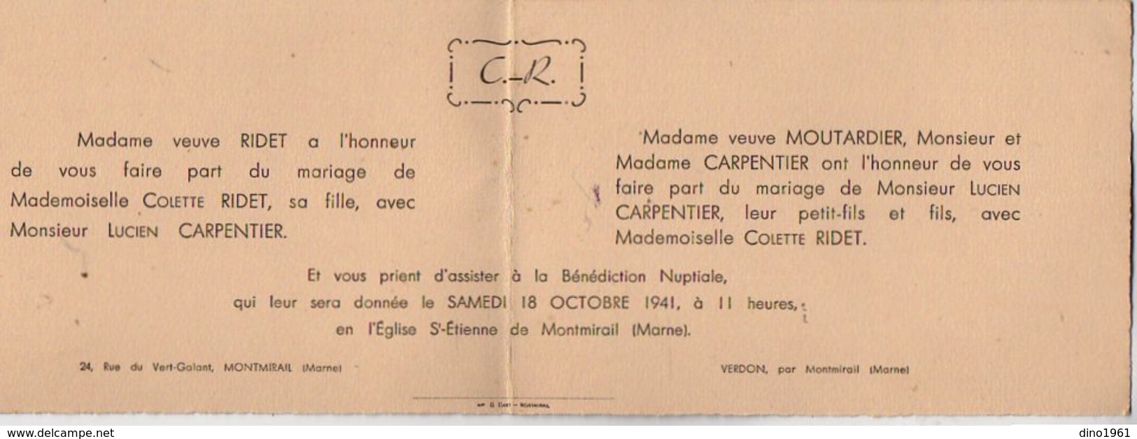 VP12.557 - MONTMIRAL X VERDON 1941 - Généalogie - Faire - Part De Mariage De Mr CARPENTIER & Melle RIDET - Huwelijksaankondigingen