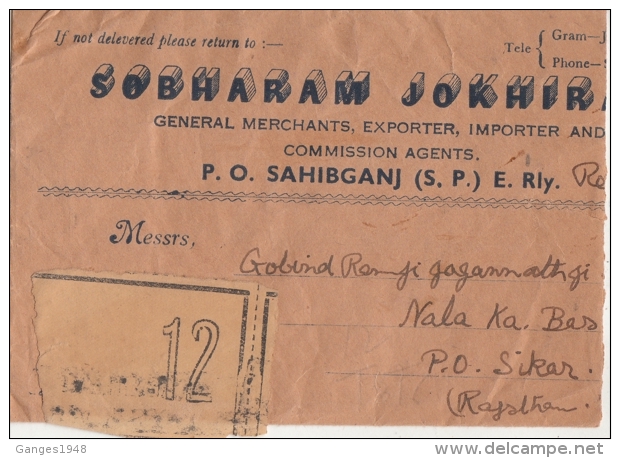 India  1953  Sonthal Parganas  V.p.  Label Cover  Reduced On Right Side  #  10778   D  Inde Indien - Covers & Documents