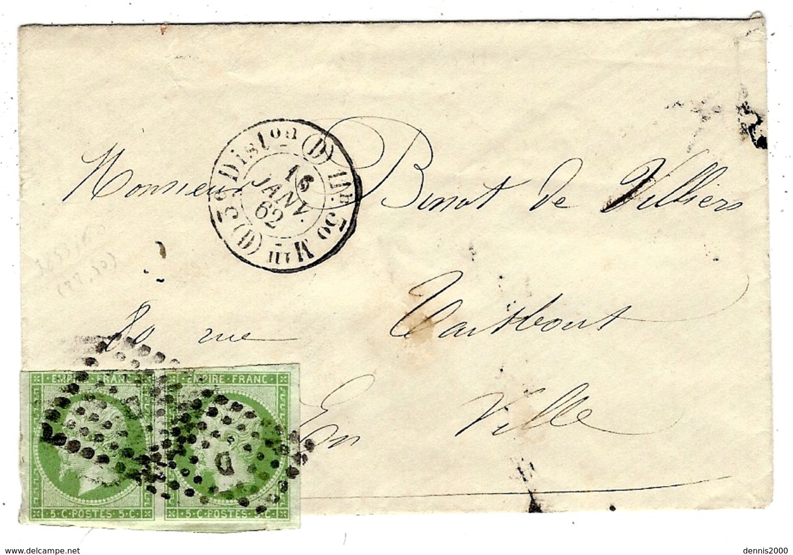 1862- Enveloppe Carte De Visite De Paris  Affr. Paire 5 C N° 12 Oblit. Losange D Bâton Cad 1520  Pour Paris - 1849-1876: Periodo Classico