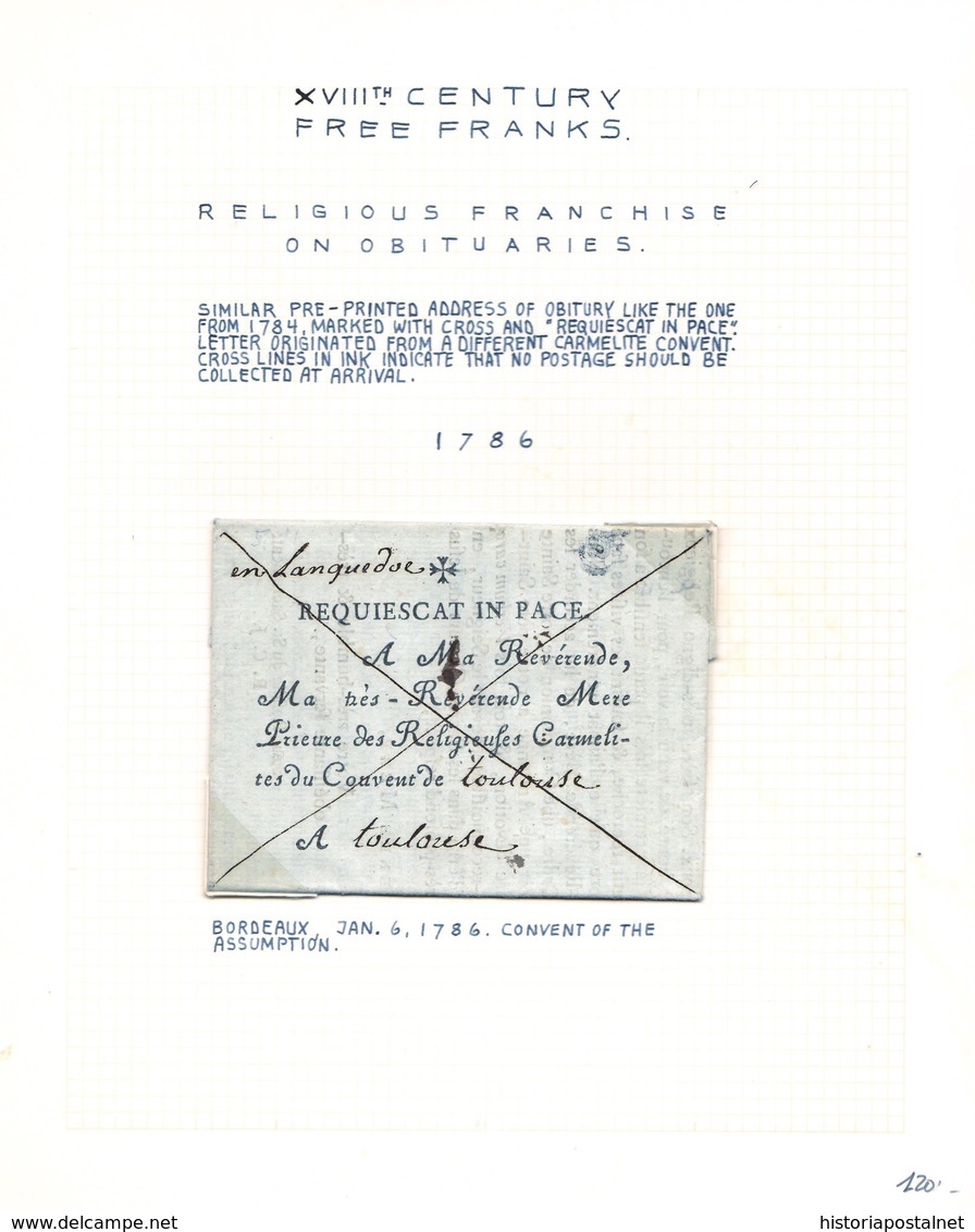 1786. BORDEAUX POUR TOULOUSE. LETTRE EN FRANCHISE DES CARMELITES EN IMPRIMÉE. TRÈS INTÉRESSANTE ET RARE. - 1701-1800: Précurseurs XVIII