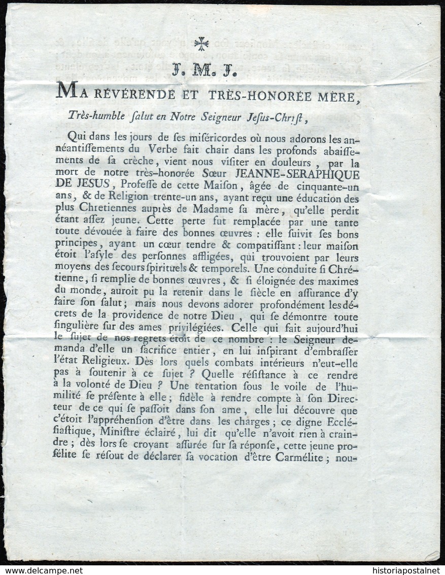 1786. BORDEAUX POUR TOULOUSE. LETTRE EN FRANCHISE DES CARMELITES EN IMPRIMÉE. TRÈS INTÉRESSANTE ET RARE. - 1701-1800: Précurseurs XVIII