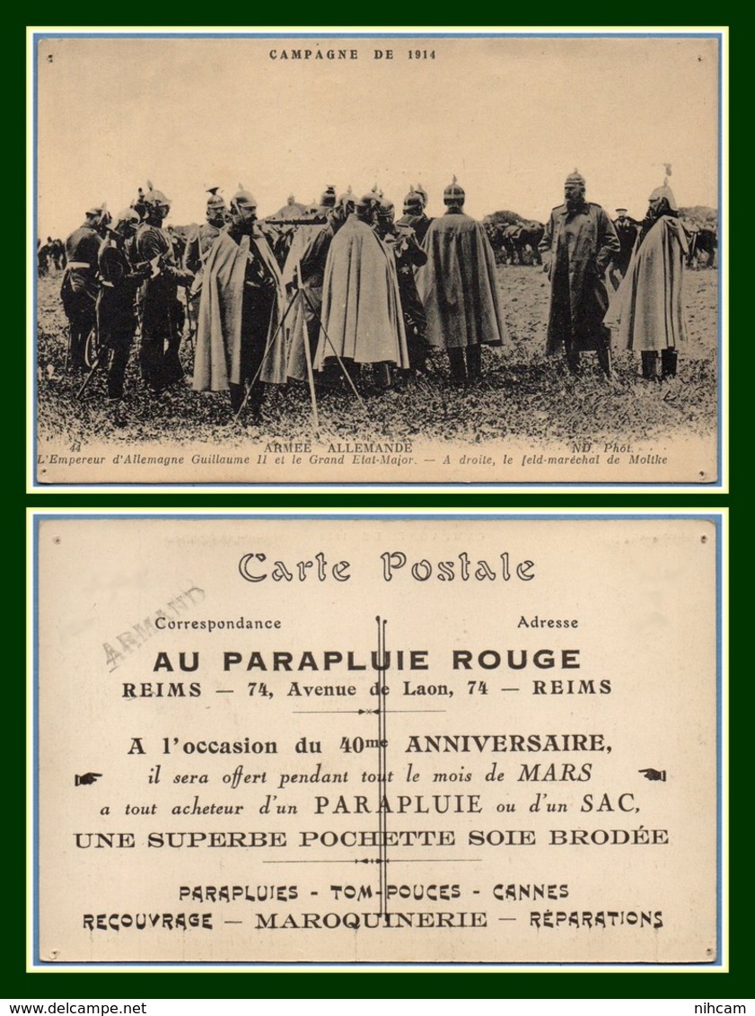 CPA PUB Reims Au Parapluie Rouge Guillaume II Et Le Grand Etat-Major Guerre 1914 (trous Punaises Sinon BE) - Reims