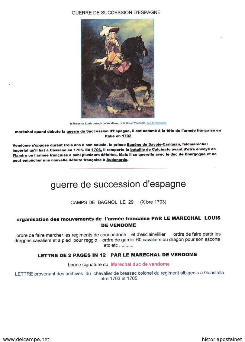 GUERRE DE SUCCESSION D'ESPAGNE. CAMPAGNE D'ITALIE. LETTRE DATÉE AU CAMP DE BAGNOL. TRÈS INTÉRESSANTE. - Sellos De La Armada (antes De 1900)