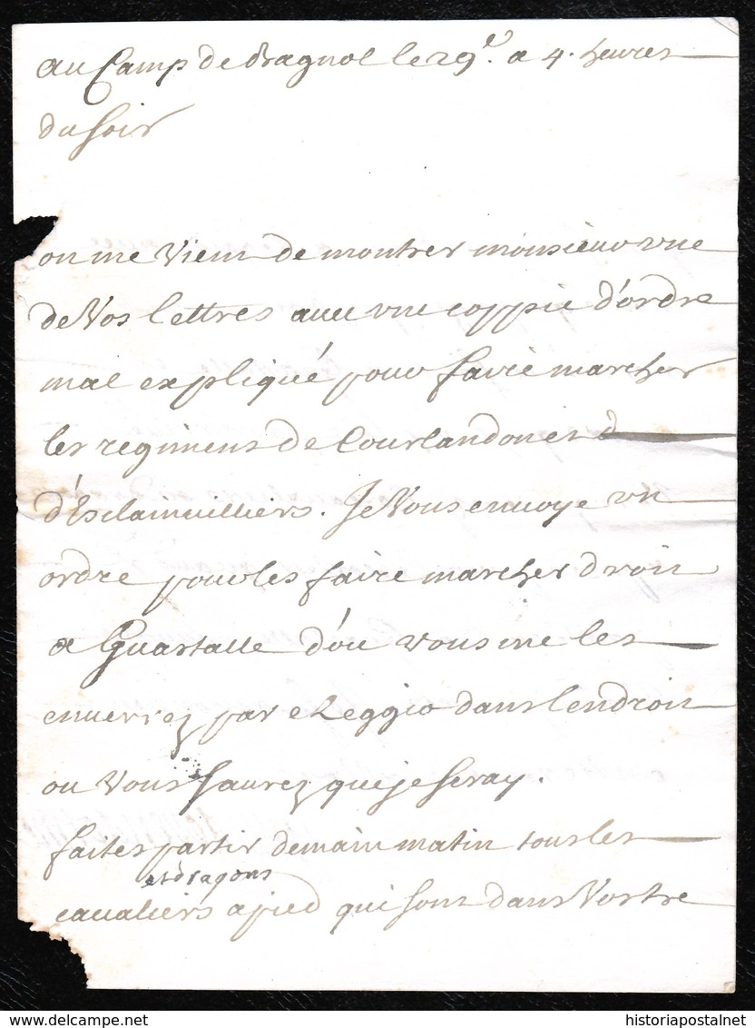 GUERRE DE SUCCESSION D'ESPAGNE. CAMPAGNE D'ITALIE. LETTRE DATÉE AU CAMP DE BAGNOL. TRÈS INTÉRESSANTE. - Sellos De La Armada (antes De 1900)