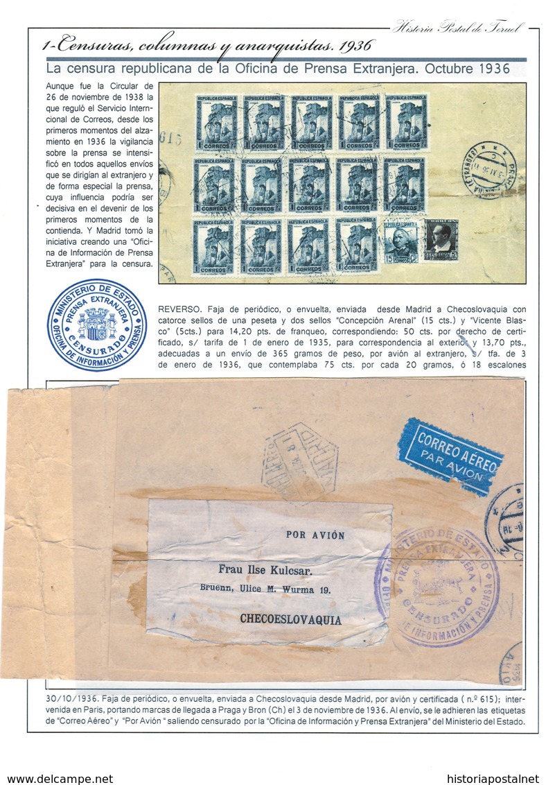 ESPAÑA. GUERRA CIVIL. MADRID A CHECOSLOVAQUIA. ESPECTACULAR FRANQUEO EN CORREO AÉREO. - Lettres & Documents