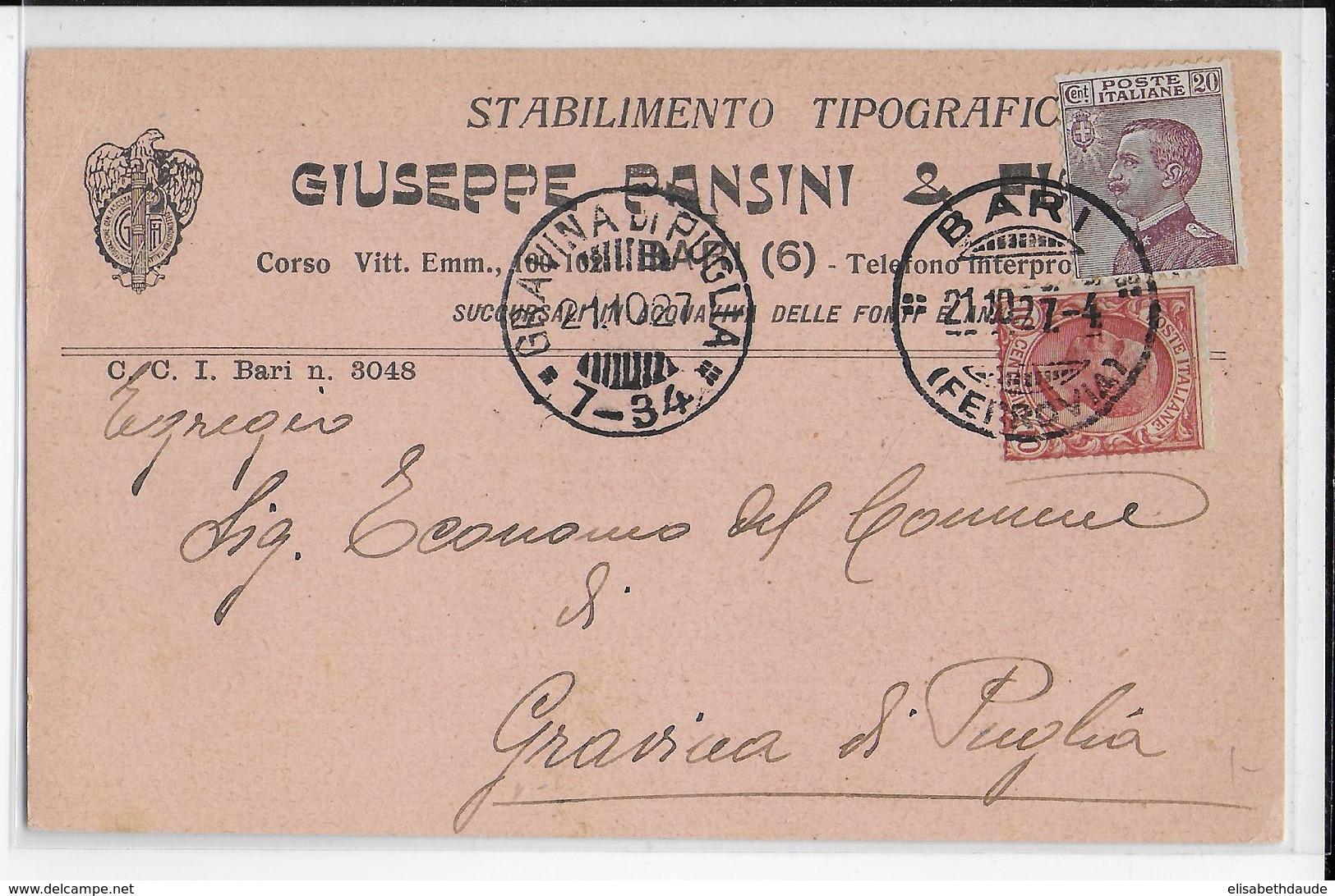 ITALIE - 1927 - CARTE PUBLICITAIRE ILLUSTREE (STABILIMENTO TIPOGRAFICO) De BARI => GRAVINA DI PUGLIA - Storia Postale