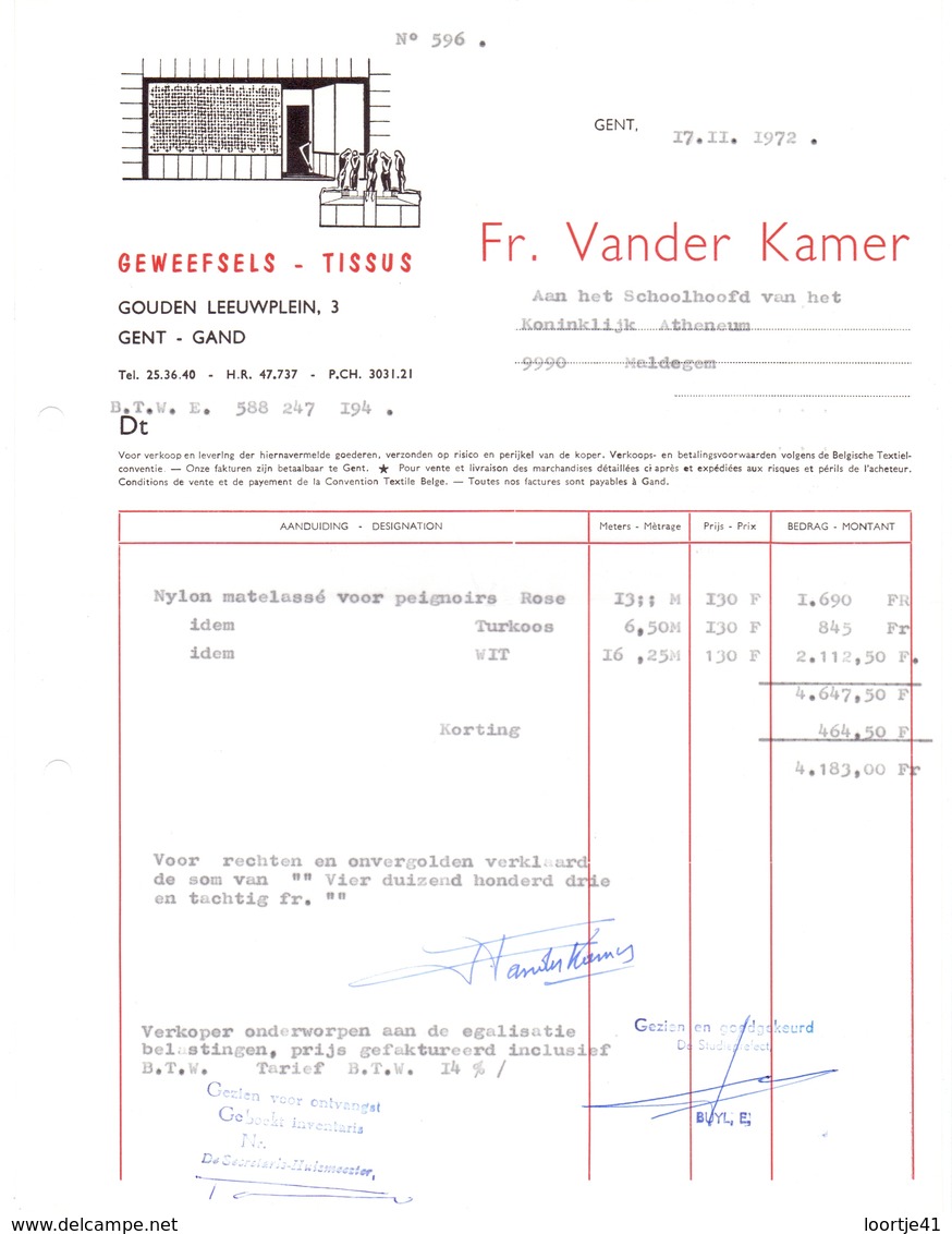 Factuur Facture - Weefsels Tissus - Fr. Vander Kamer - Gent 1972 - Kleidung & Textil