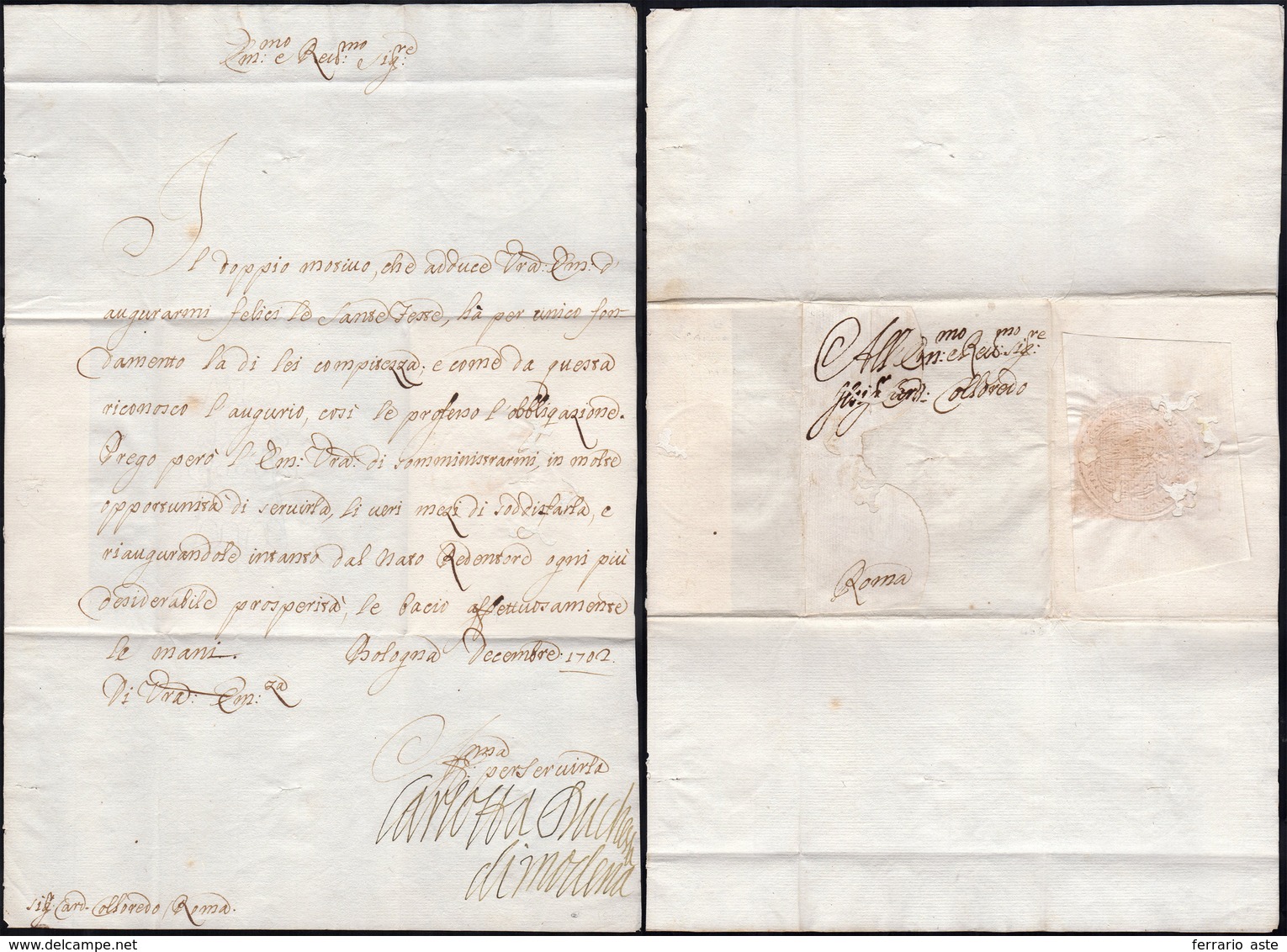 11 1702 - CARLOTTA DUCHESSA DI MODENA - Lettera Da Bologna 12/1702 A Roma, A Firma Autografa Della Duch... - Andere & Zonder Classificatie