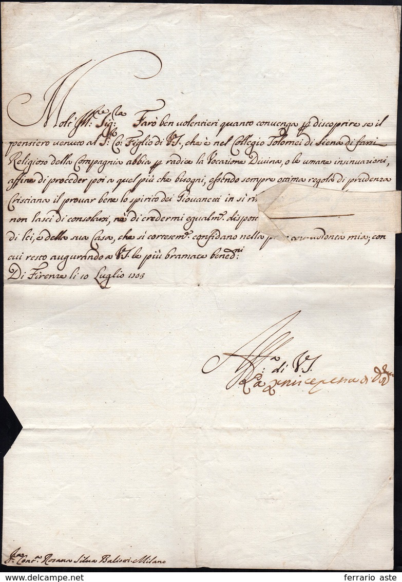 12 1703 - VIOLANTE BEATRICE DI BAVIERA - Lettera Da Firenze 10/7/1703 A Milano, A Firma Di Violante Bea... - Sonstige & Ohne Zuordnung